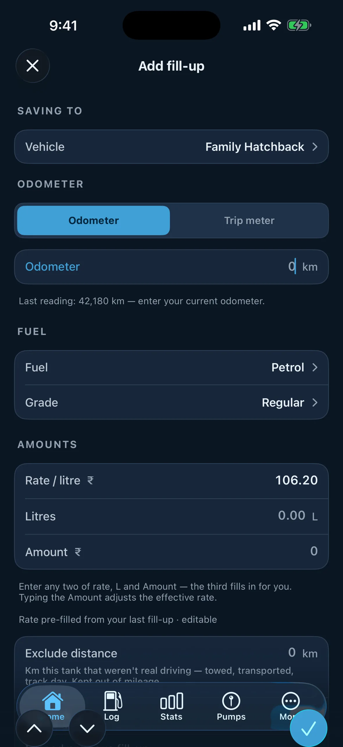 Add fill-up — litres, amount and odometer, or scan the receipt