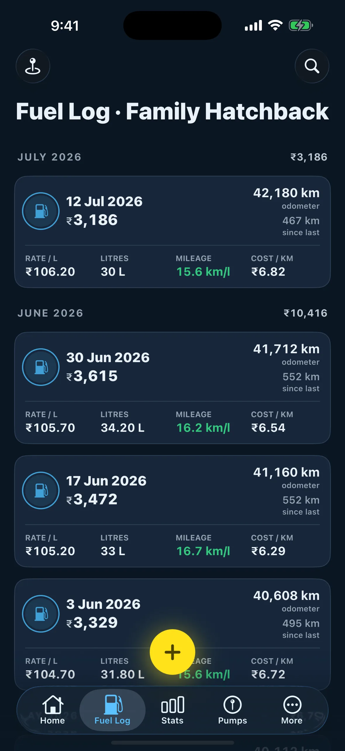 Bharometer fuel log — every fill-up with litres, price and mileage
