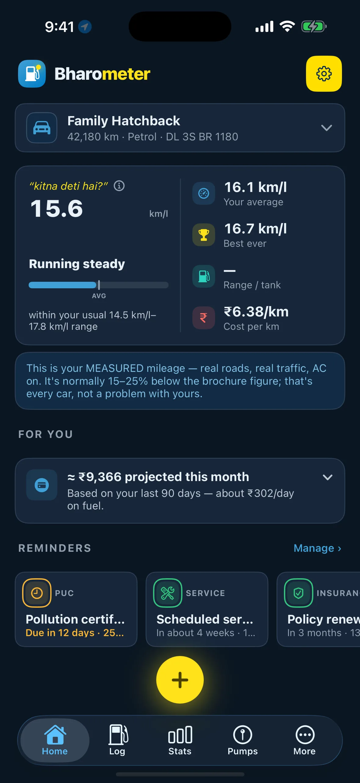 Bharometer home screen — your fuel price, mileage gauge and monthly spending