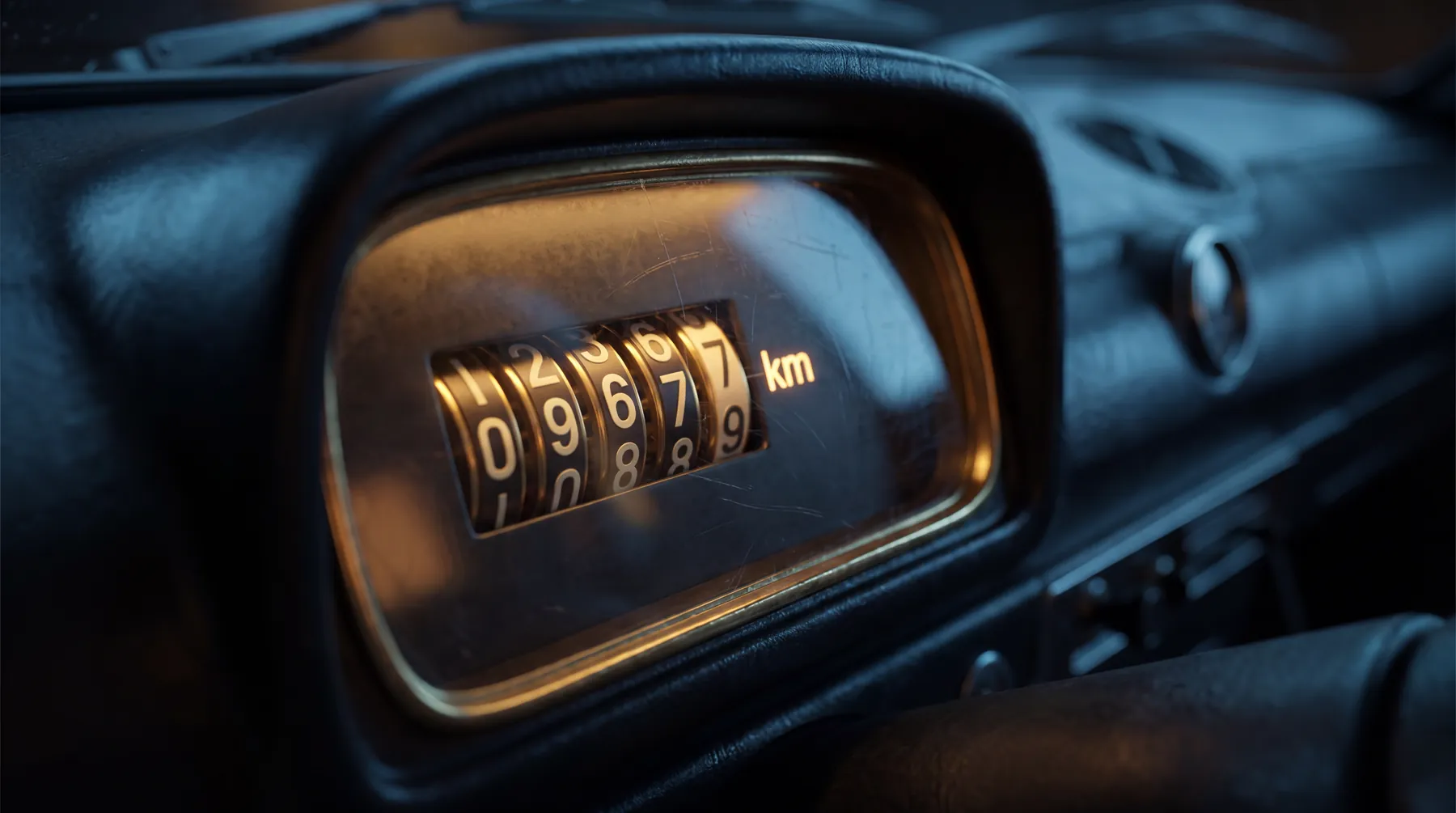 Close-up of a classic car odometer showing kilometres
