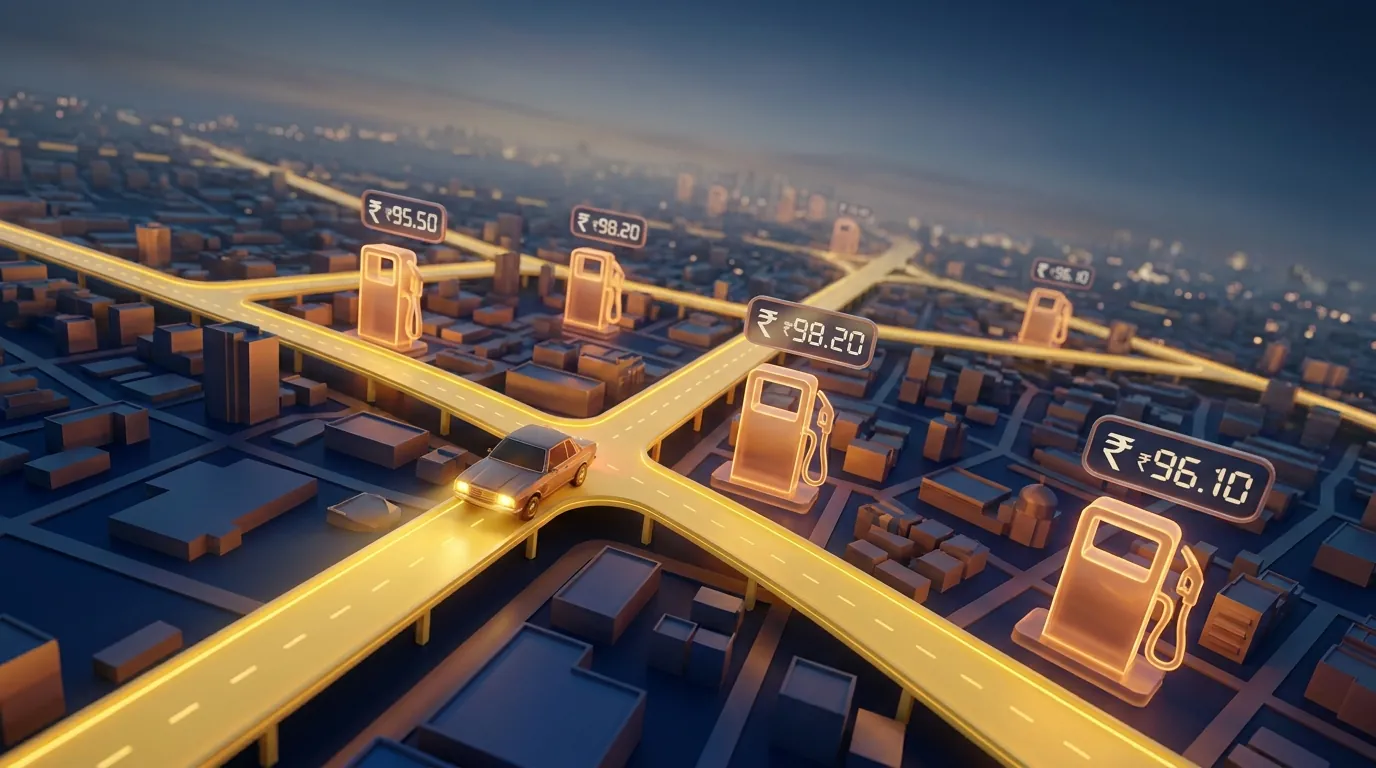 Stylised city map at dusk with glowing fuel pumps and rupee price tags along the roads
