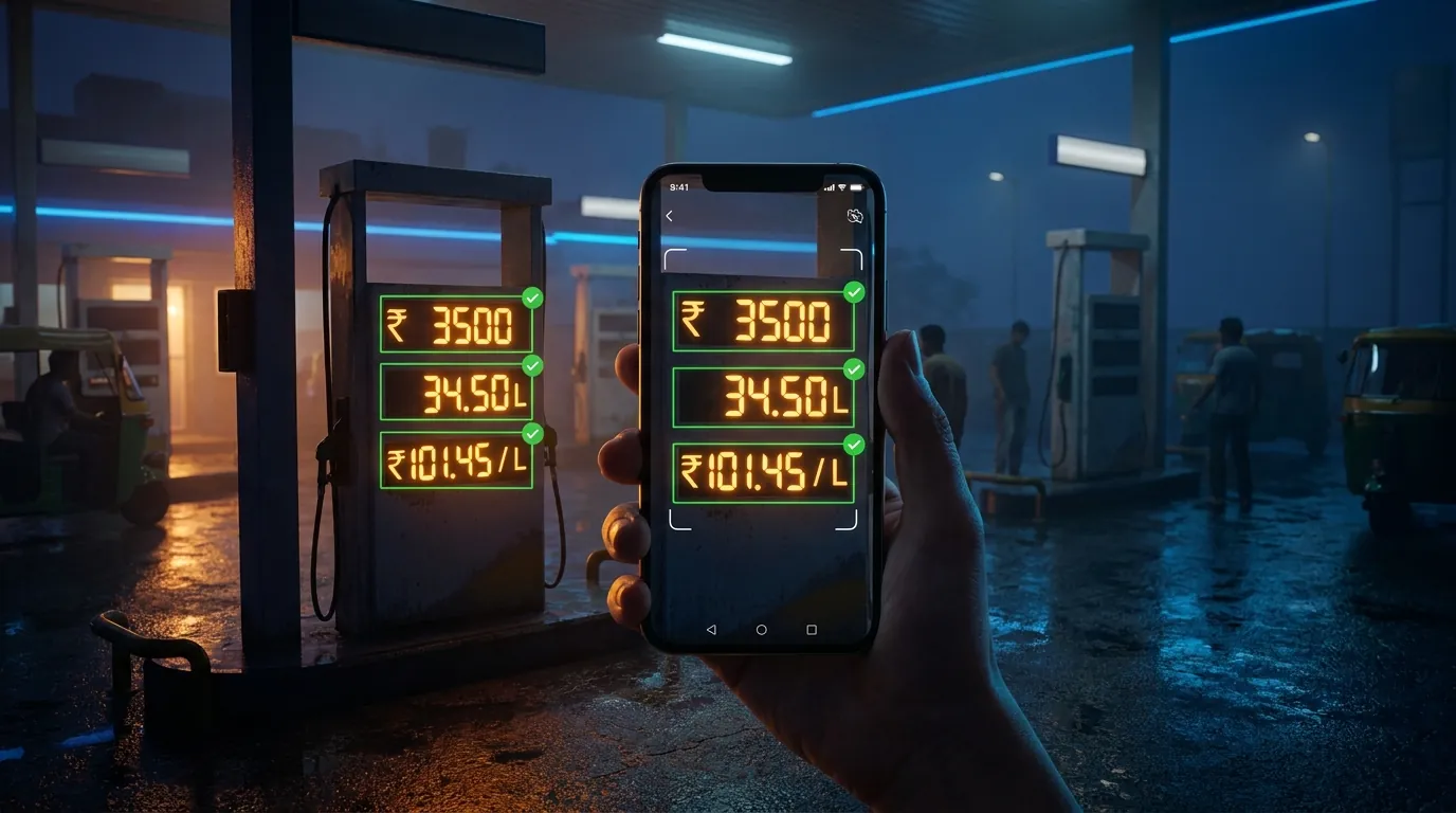 Scanning a fuel pump display with a phone — amount, litres and rate detected with green ticks