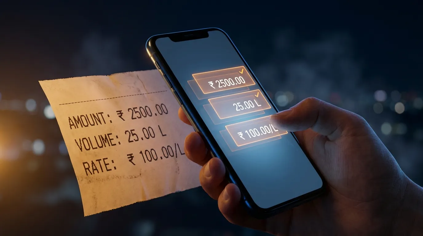 Scanning a printed fuel receipt with a phone — the fill-up fields fill in automatically