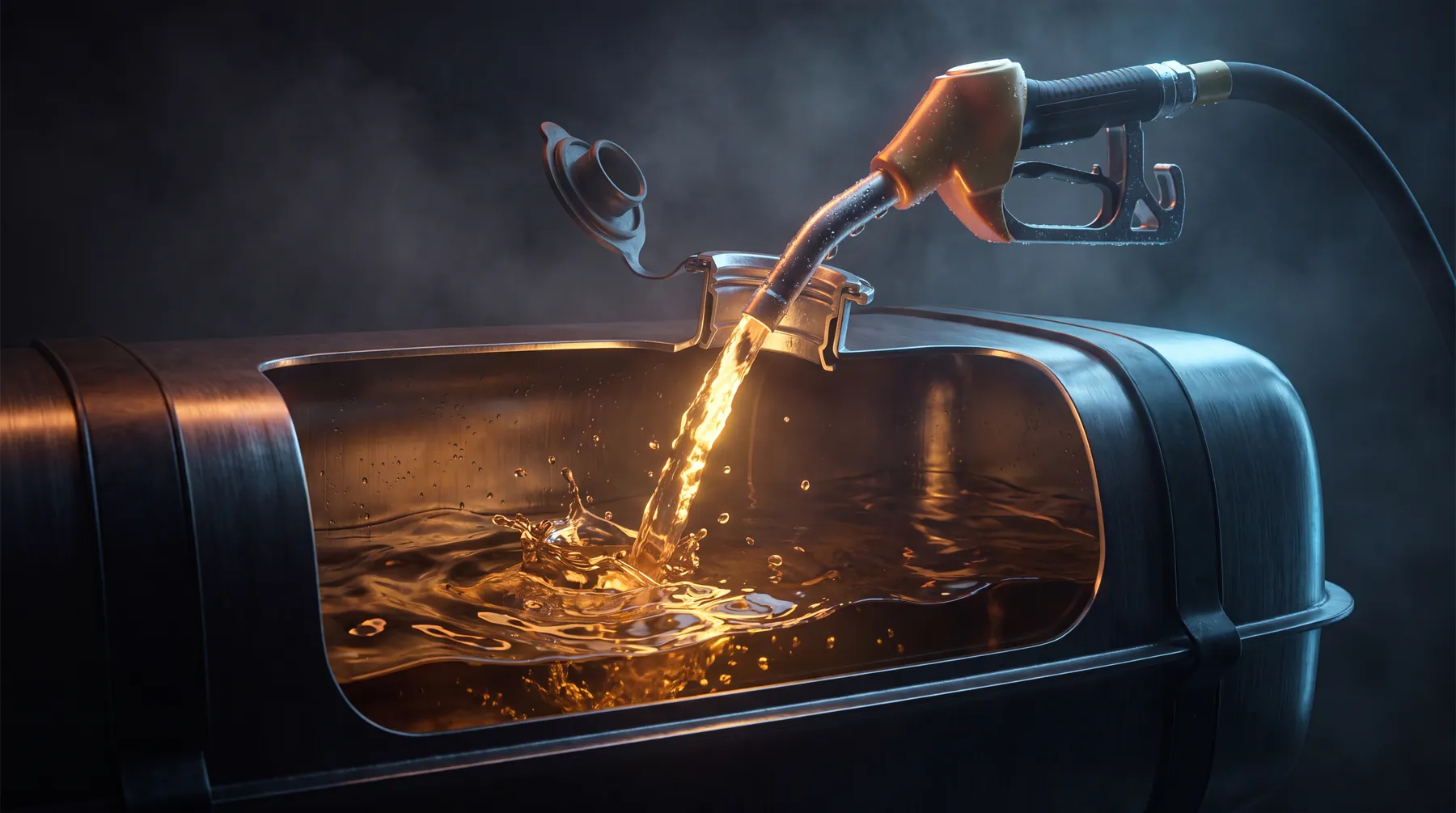 Fuel pouring from a nozzle into a cutaway tank glowing amber